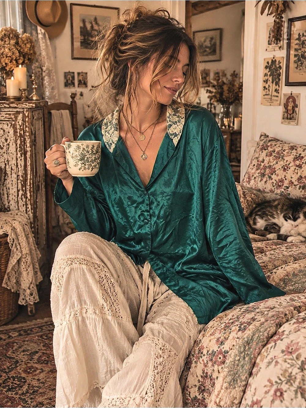 Victoria's Secret Gold Label Satin Floral Collar Blouse in Emerald Green Size La